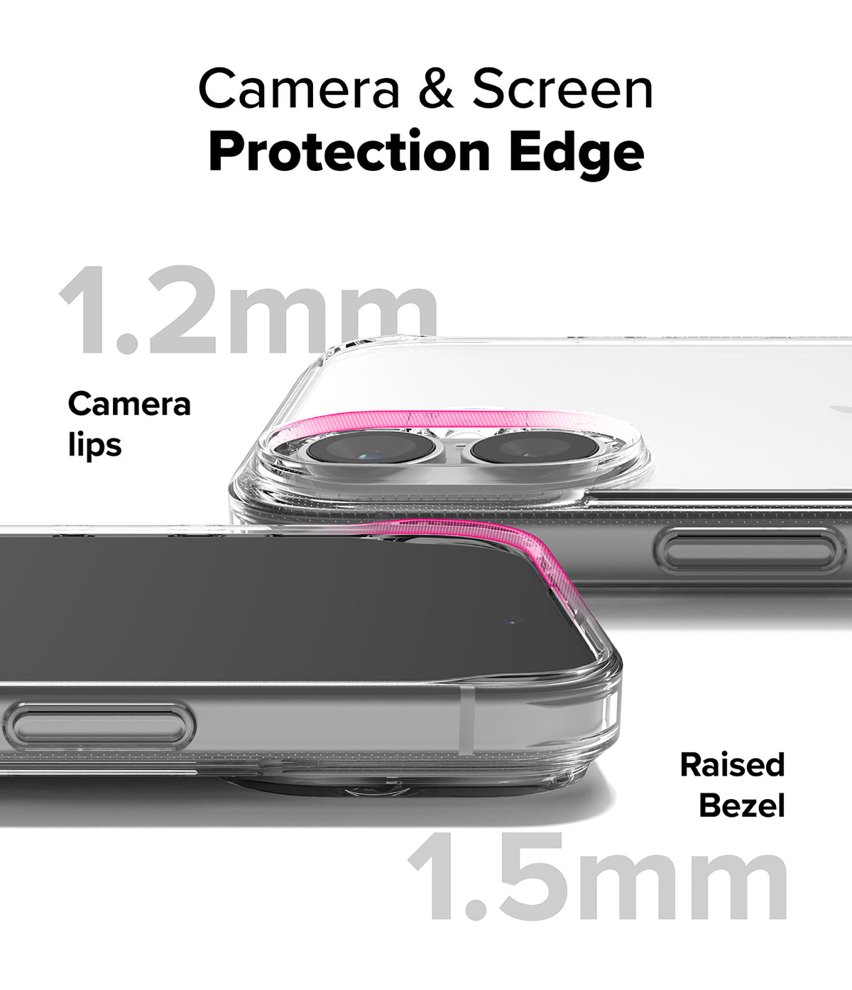 iPhone 16 Case | Fusion - Clear phone case showing 1.2mm camera lips and 1.5mm raised screen bezel for added protection.