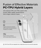 iPhone 16 Case | Fusion - Diagram showing a clear iPhone 16 case with PC back and TPU frame layers labeled for material benefits.
