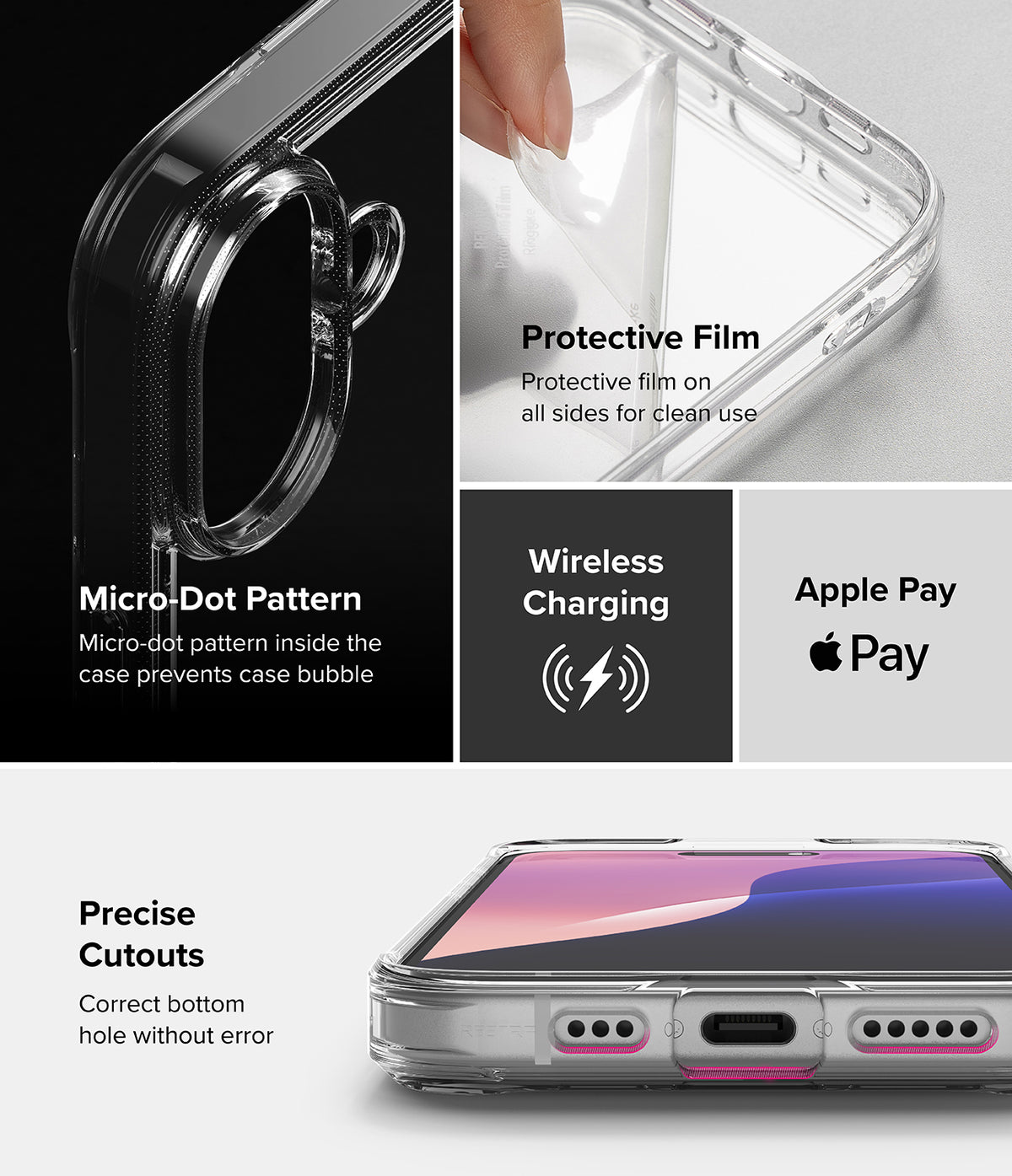iPhone 16 Case | Fusion - Clear case features, micro-dot pattern, protective film, wireless charging, and precise cutouts.