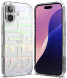 iPhone 16 Case | Fusion Design - Clear phone case with pastel gradient typography over an iPhone 16 back and front view.