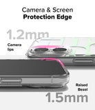 iPhone 16 Case | Fusion Design - Clear phone case showing 1.2mm camera lips and 1.5mm raised screen bezel for protection.