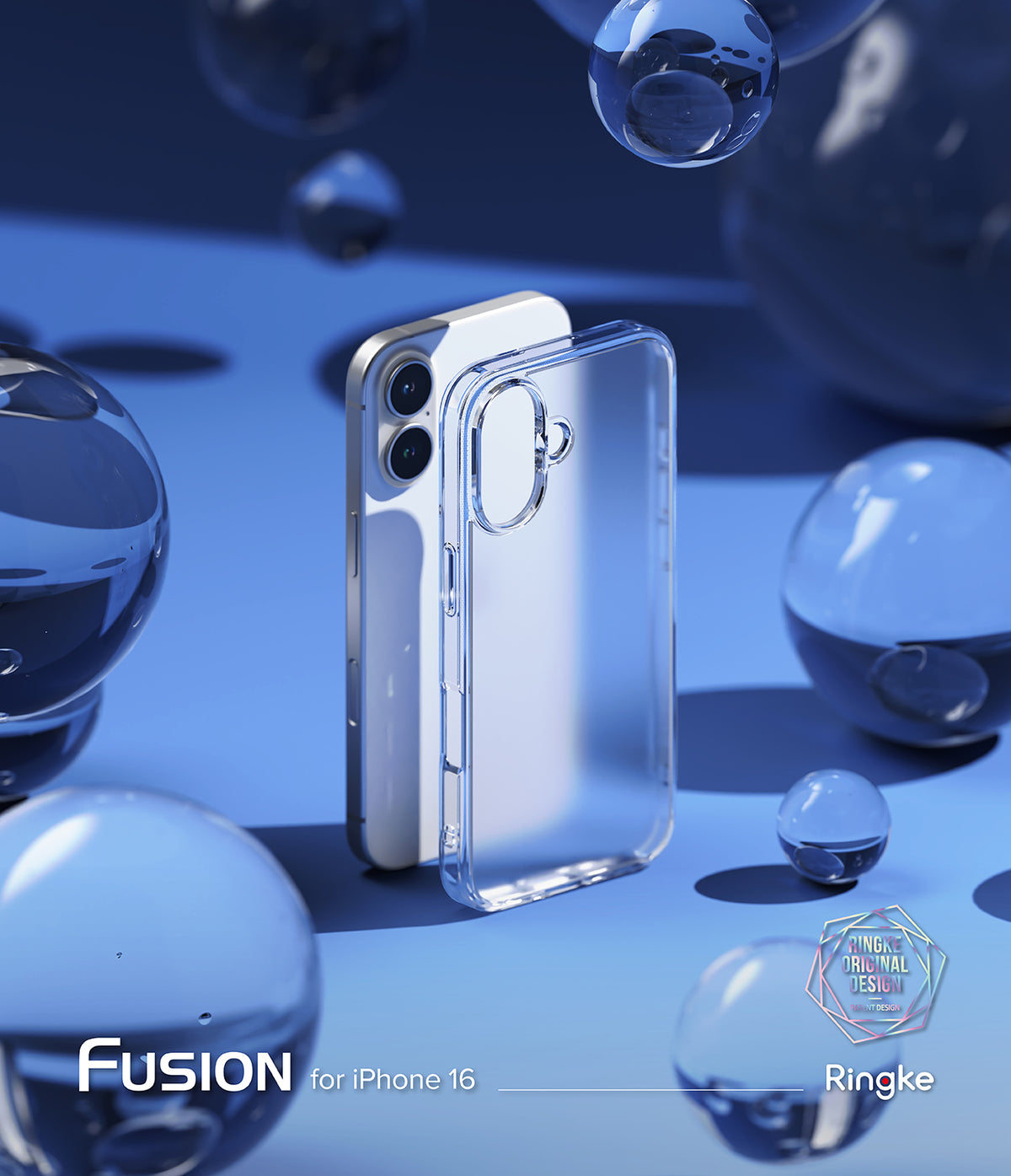 iPhone 16 Case | Fusion Matte - Clear phone case standing beside an iPhone 16 against a blue background with floating bubbles.