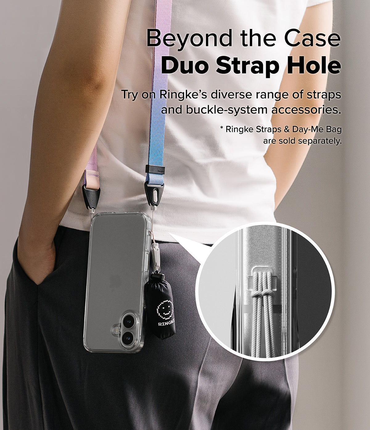 iPhone 16 Case | Fusion Matte - Person wearing a phone case with a colorful shoulder strap and a small accessory bag attached.