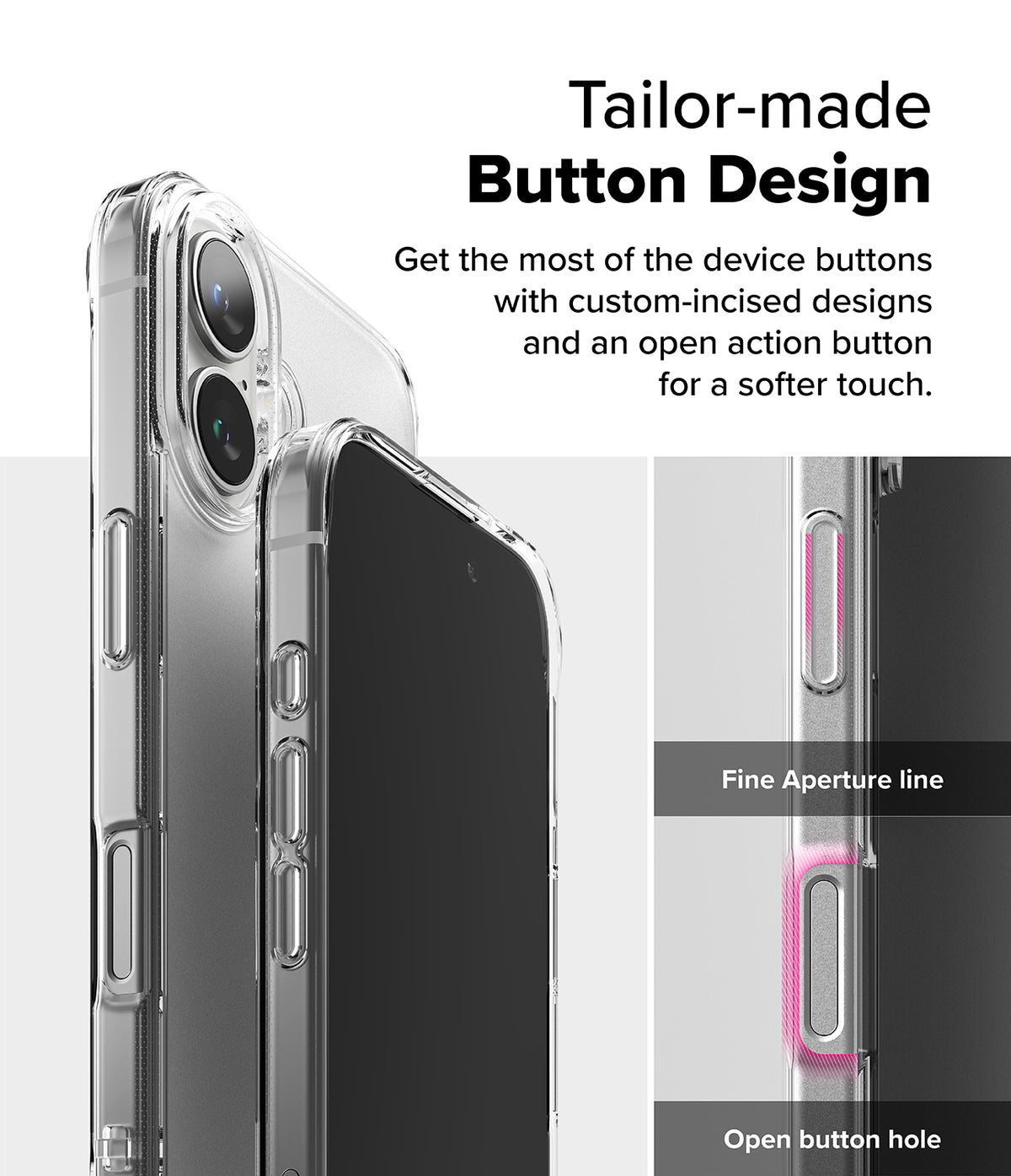 iPhone 16 Case | Fusion Matte - Close-up of clear phone case buttons showing fine aperture lines and an open action button.