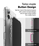 iPhone 16 Case | Fusion Matte - Close-up of clear phone case buttons showing fine aperture lines and an open action button.