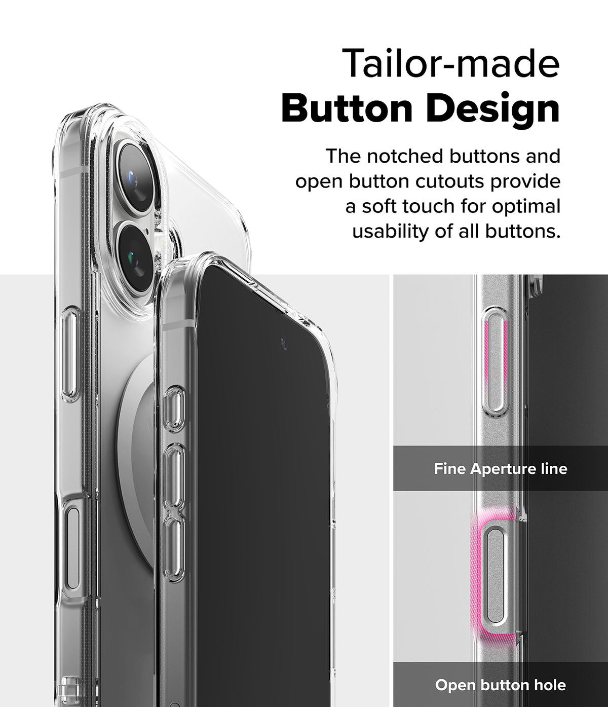 iPhone 16 Case | Fusion Magnetic - Clear phone case showing detailed button cutouts and tactile design features.