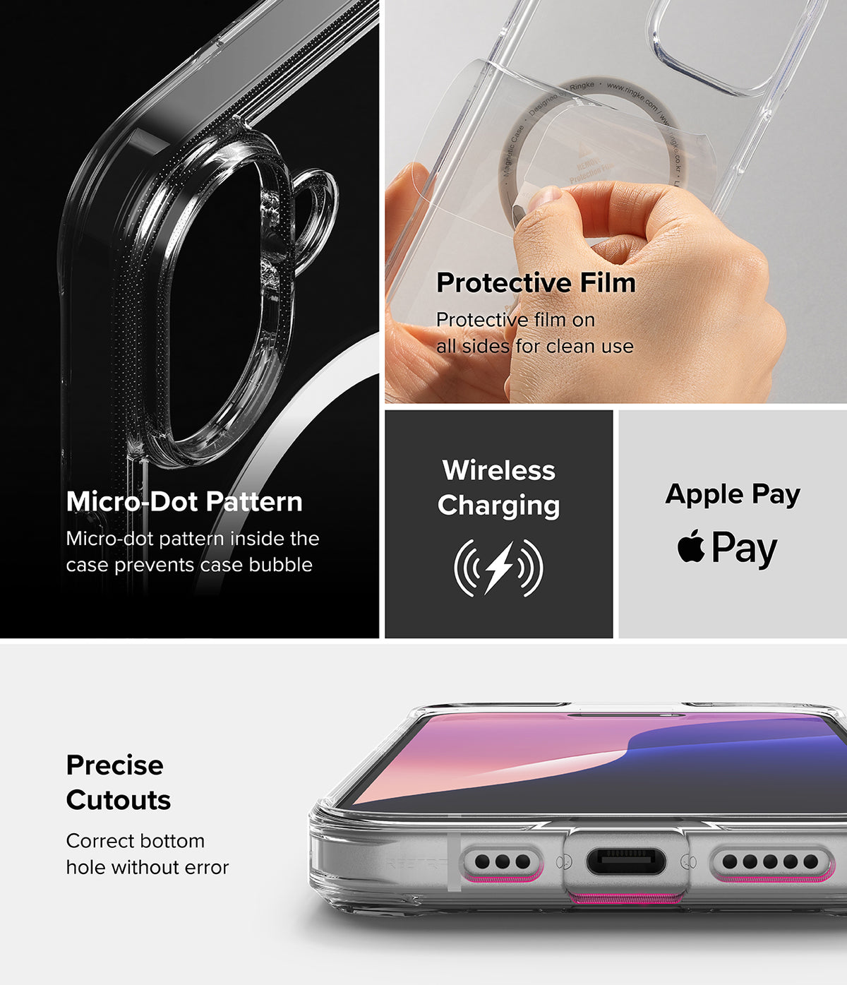iPhone 16 Case | Fusion Magnetic - Clear case features, micro-dot pattern, protective film, wireless charging, and cutouts.