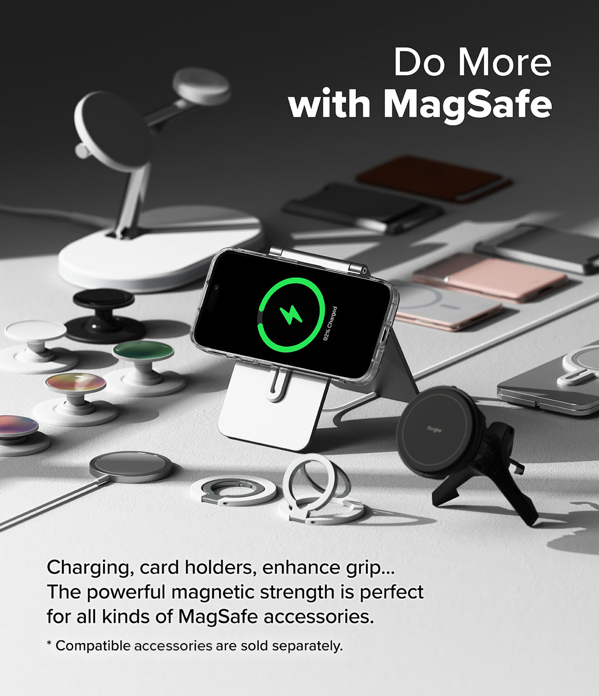 [Combo] iPhone 16 | Folio Wallet Magnetic + Fusion Magnetic - iPhone 16 charging on a stand surrounded by MagSafe accessories.