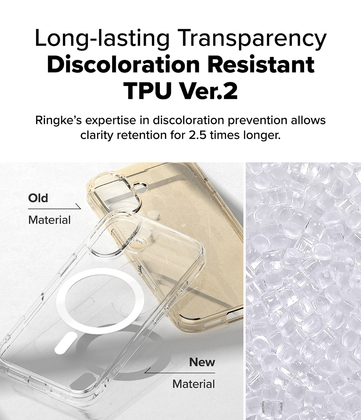 iPhone 16 Case | Fusion Magnetic - Comparison of yellowed old TPU case and clear new TPU case with raw material pellets.