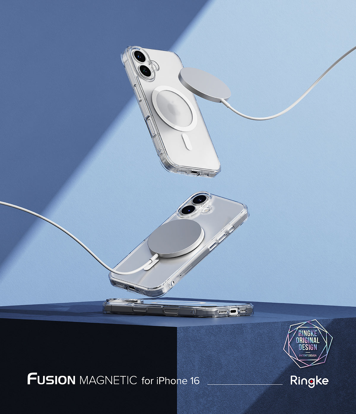 [Combo] iPhone 16 | Folio Wallet Magnetic + Fusion Magnetic - Clear iPhone 16 cases with magnetic rings floating against blue.