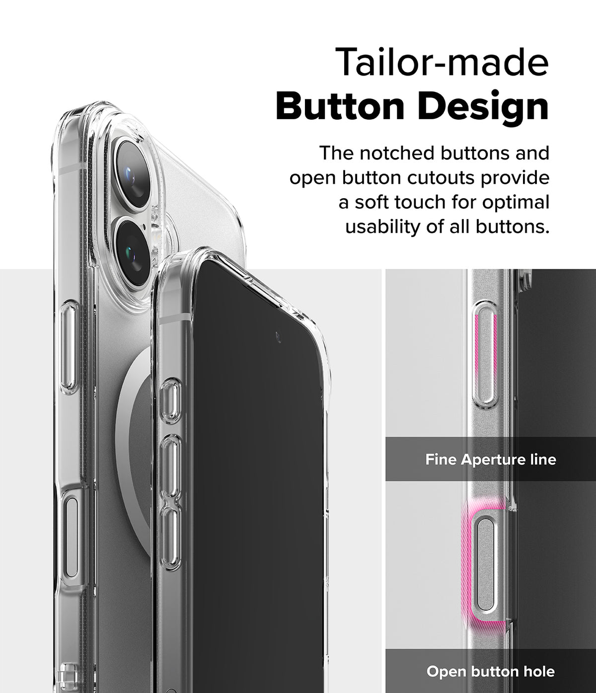 iPhone 16 Case | Fusion Magnetic Matte - Close-up of iPhone 16 case showing notched buttons and open cutouts for usability.