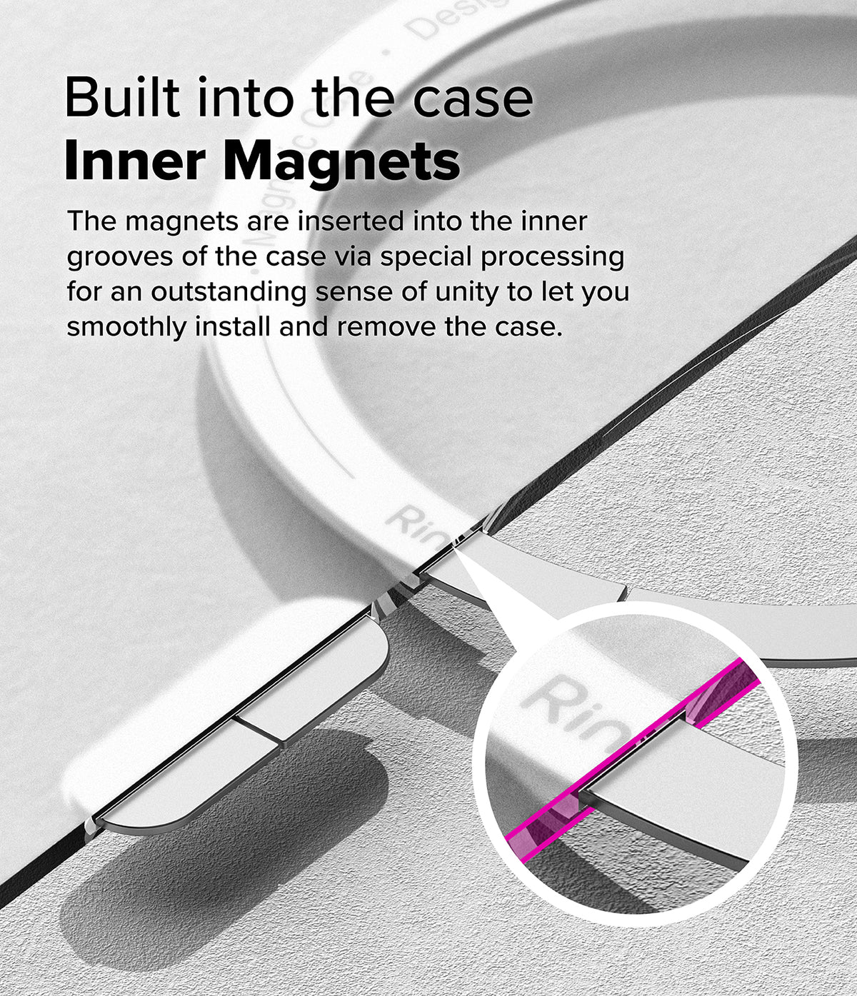 iPhone 16 Case | Fusion Magnetic Matte - Close-up of magnets embedded in the inner groove of a phone case.