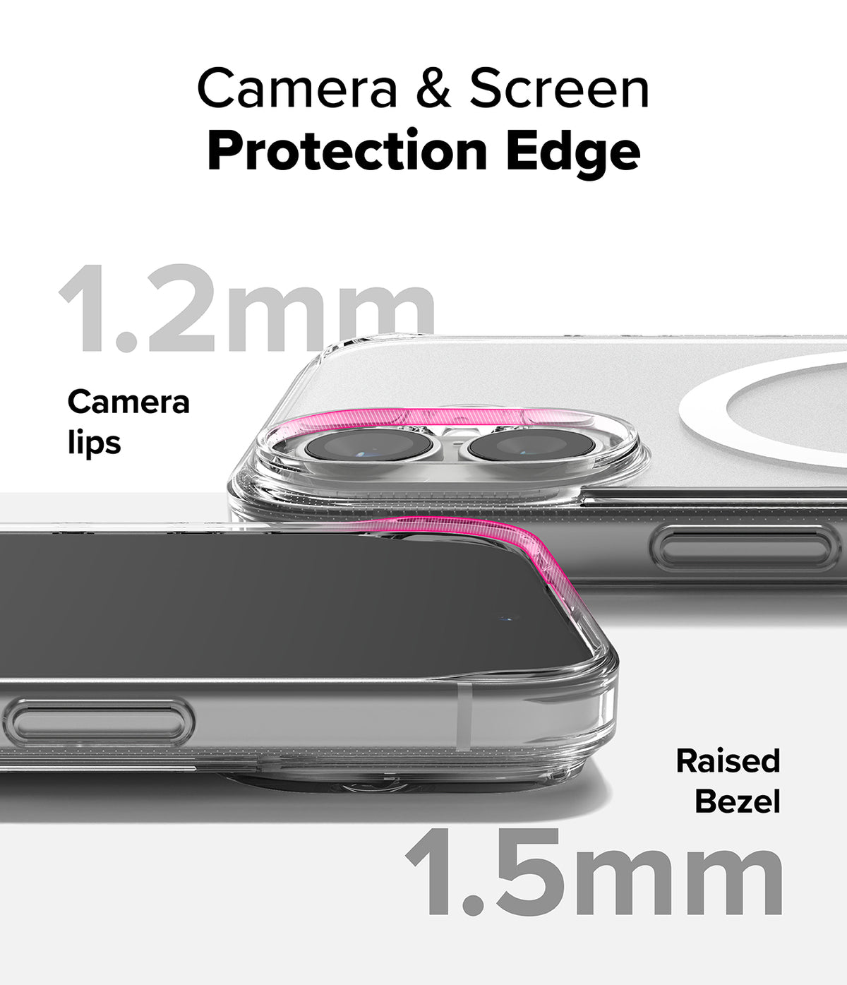 iPhone 16 Case | Fusion Magnetic Matte - Close-up showing 1.2mm camera lips and 1.5mm raised screen bezels for protection.