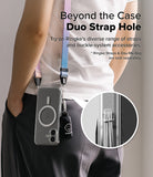 iPhone 16 Case | Fusion Magnetic Matte - Person wearing a phone case with a colorful strap and a close-up of the dual strap hole.