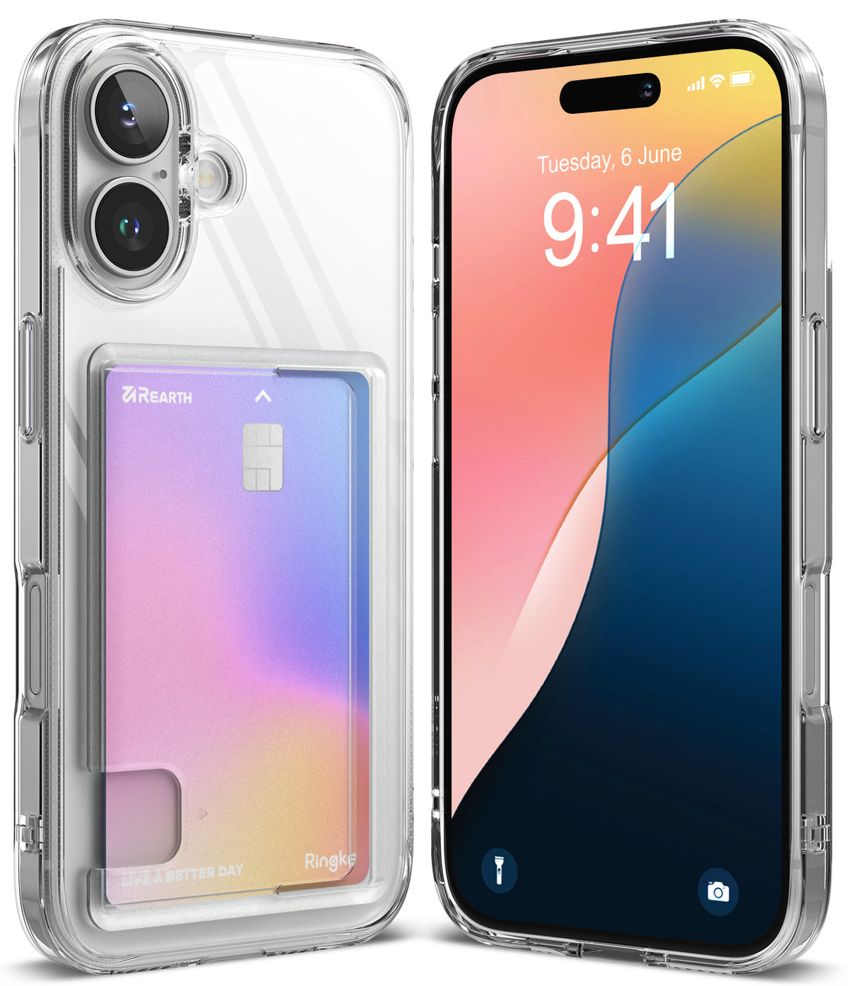 iPhone 16 Case | Fusion Card - Clear phone case with a built-in card slot holding a holographic card next to a smartphone.