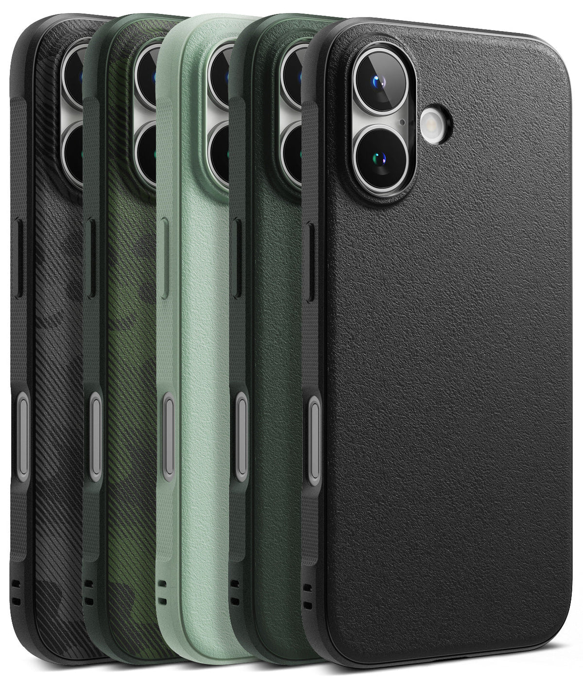 iPhone 16 Case | Onyx - Five iPhone 16 cases in black, green, and light green textures arranged in a row.