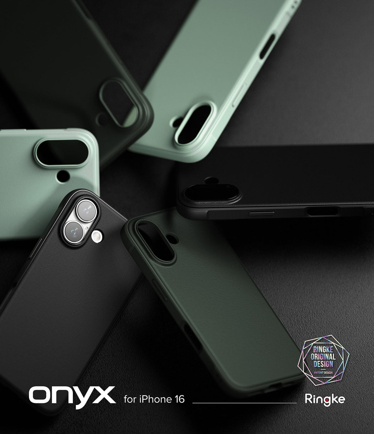 iPhone 16 Case | Onyx - Multiple iPhone 16 Onyx cases in black and sage green arranged on a dark textured surface.