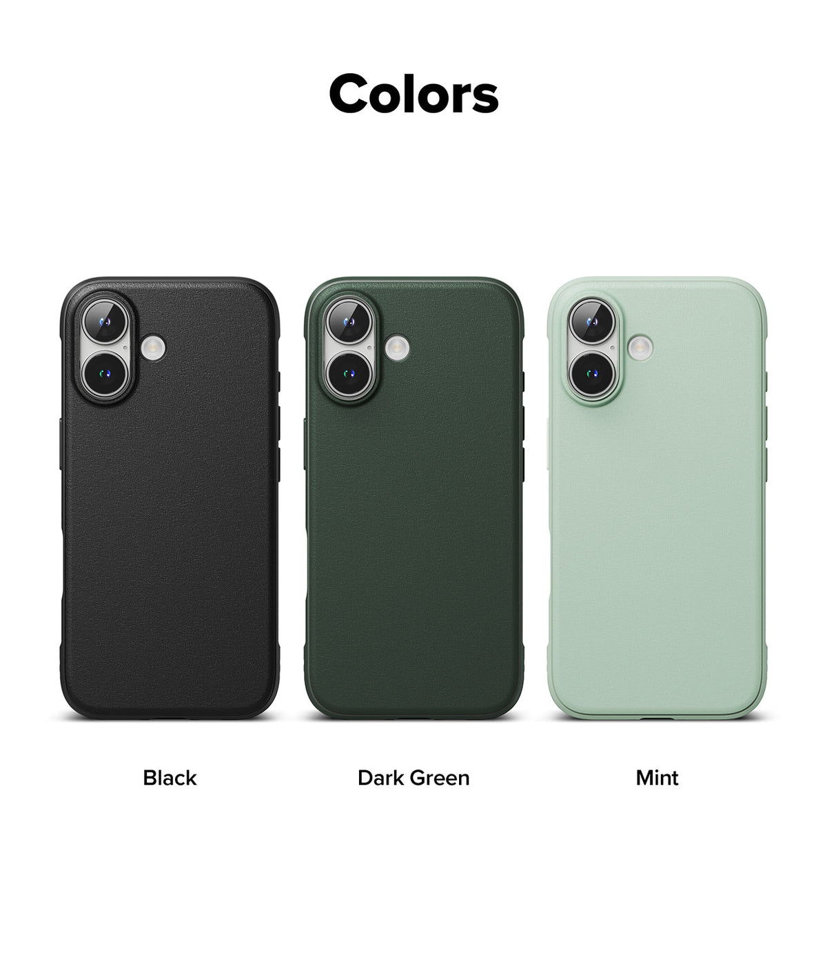 iPhone 16 Case | Onyx - Three iPhone 16 cases in black, dark green, and mint arranged side-by-side against a white background.