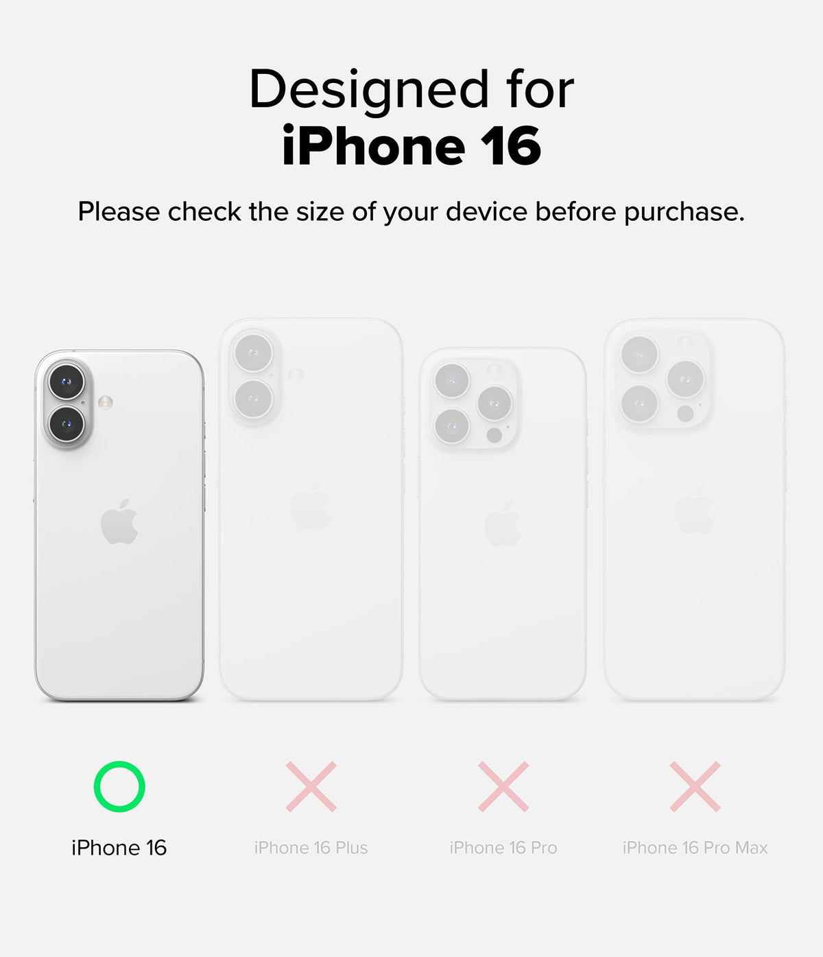 iPhone 16 Case | Onyx - Comparison chart showing iPhone 16 is the correct fit, with Plus, Pro, and Pro Max marked as incorrect.
