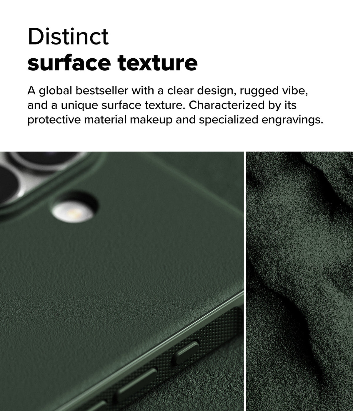 iPhone 16 Case | Onyx - Close-up of a dark green phone case with a textured surface and rugged side grip detailing.