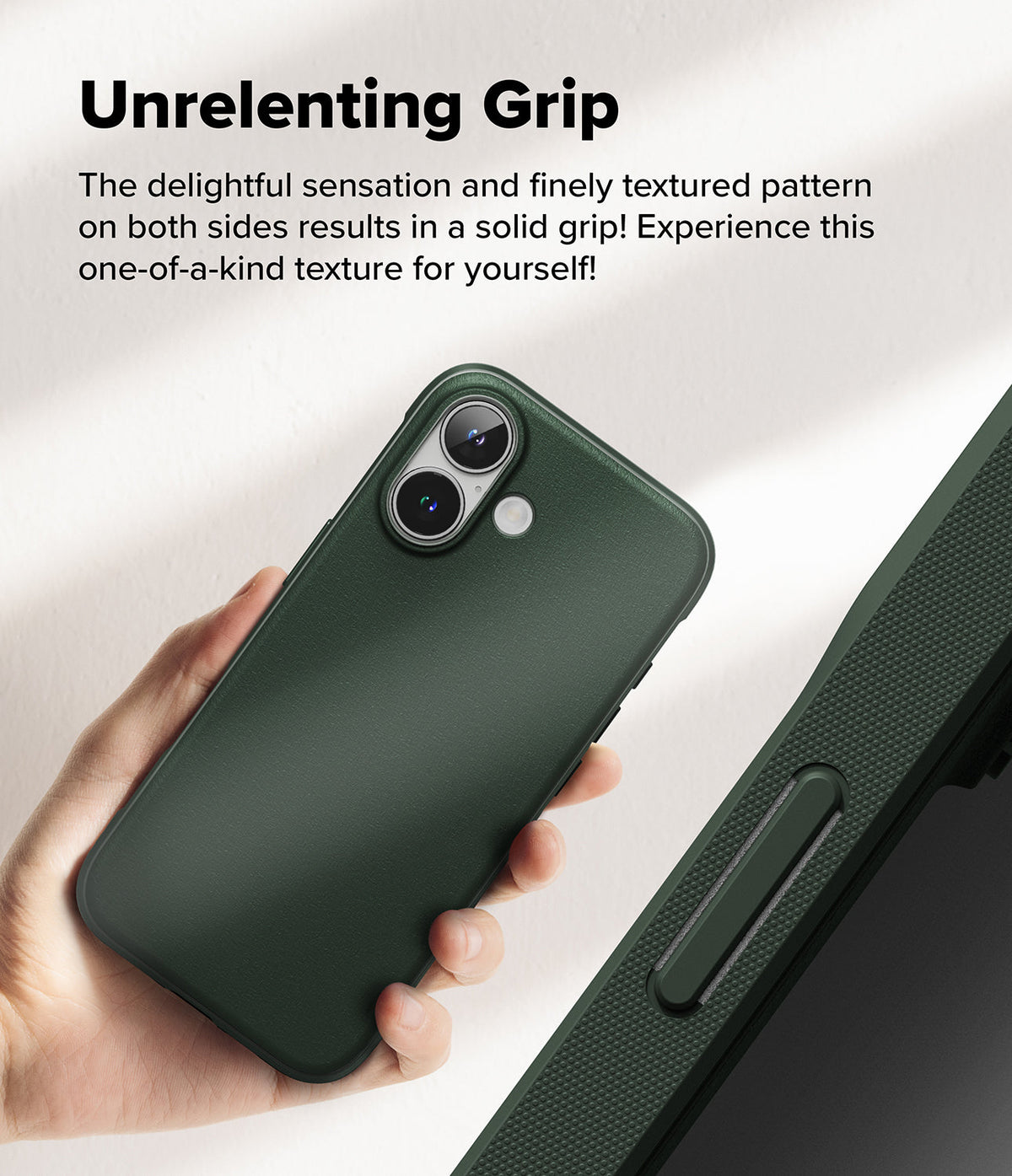 iPhone 16 Case | Onyx - Hand holding a dark green textured iPhone 16 case with a close-up of the side grip pattern.