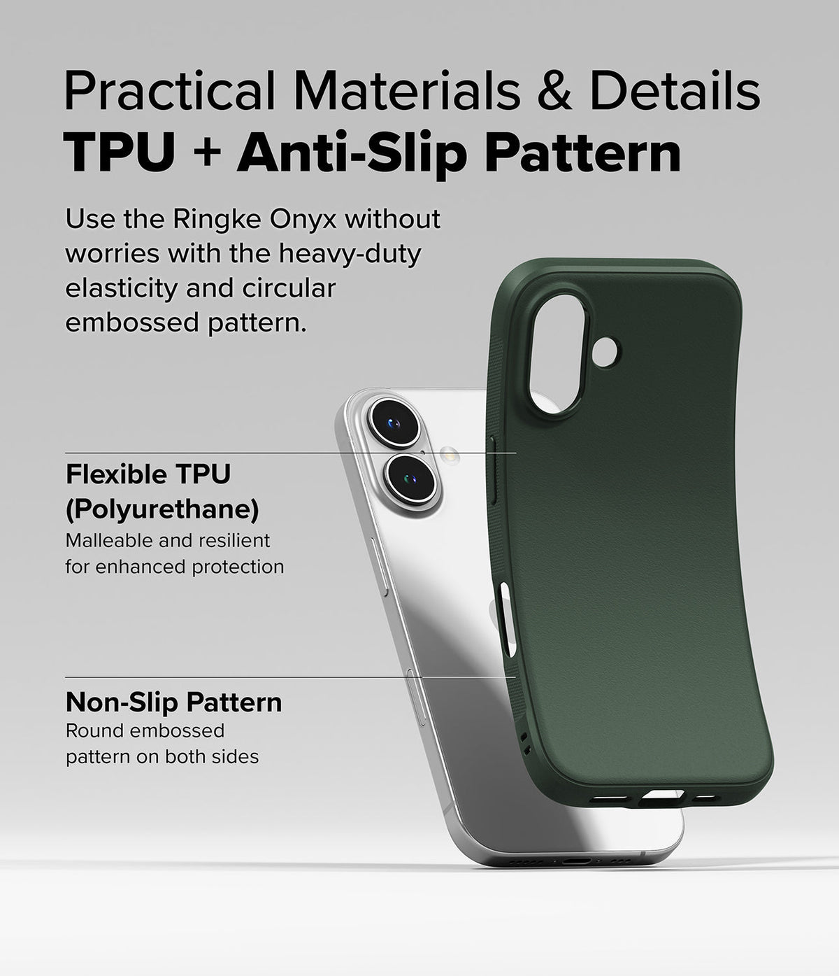iPhone 16 Case | Onyx - A flexible dark green phone case shown next to an iPhone, highlighting TPU material and side grip.