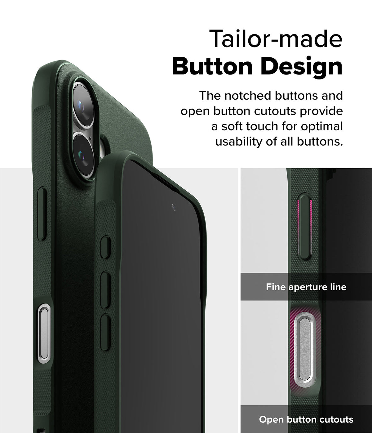 iPhone 16 Case | Onyx - Close-up of dark green phone case showing tactile button design, cutouts, and fine aperture lines.