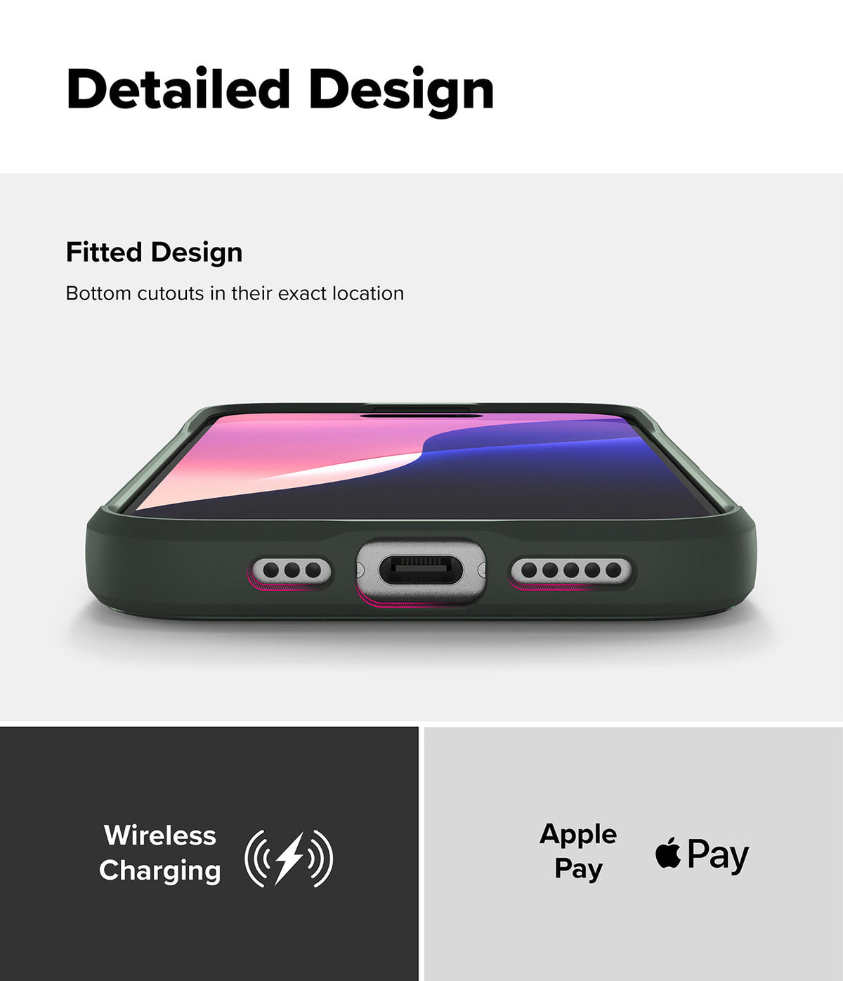 iPhone 16 Case | Onyx - Close-up of phone bottom showing precise cutouts for charging port and speakers, plus charging icons.
