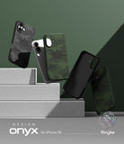 iPhone 16 Case | Onyx - Four camouflage-patterned iPhone 16 cases floating above stone steps against a dark green background.