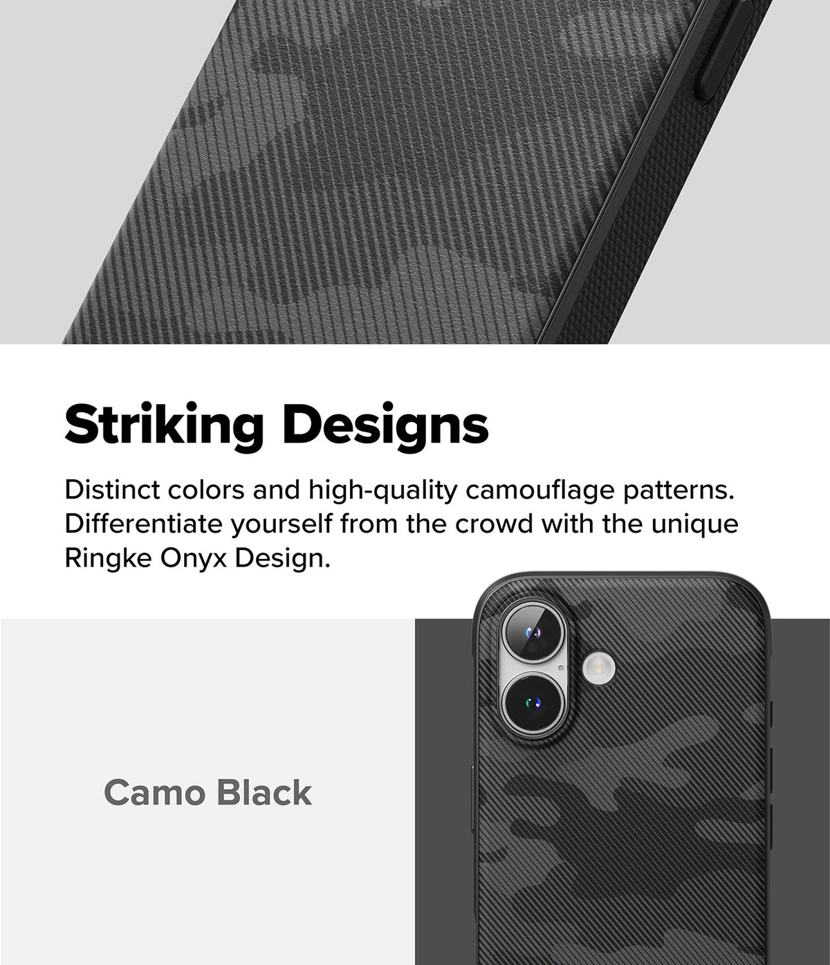iPhone 16 Case | Onyx - Black camouflage phone case with textured finish and dual camera cutout.