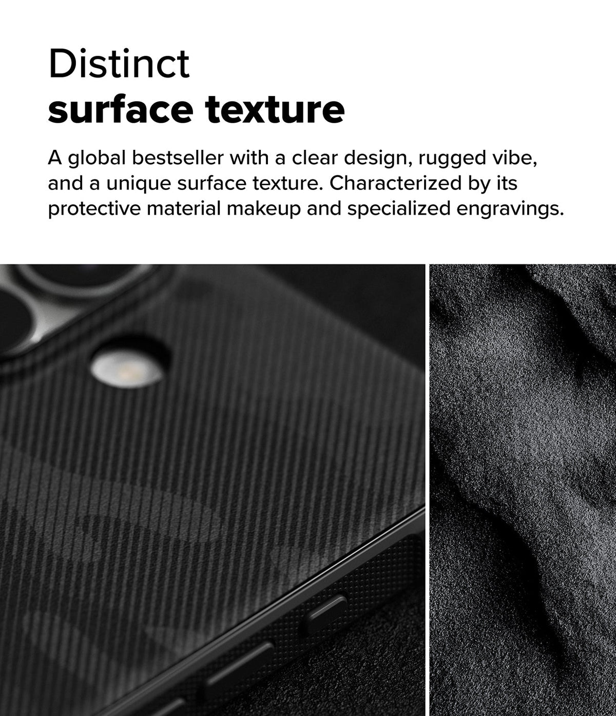 iPhone 16 Case | Onyx - Close-up of a black textured phone case with diagonal engravings next to a rough, dark stone surface.