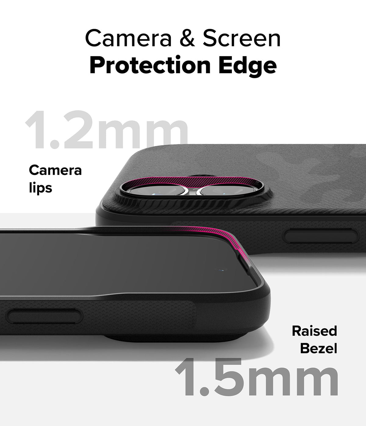 iPhone 16 Case | Onyx - Close-up of black phone case showing 1.2mm camera lip and 1.5mm raised screen bezel for protection.
