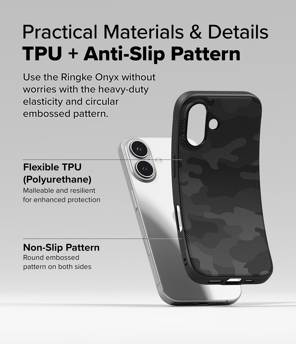 iPhone 16 Case | Onyx - A black textured phone case next to a silver iPhone, highlighting TPU material and non-slip patterns.