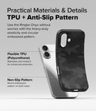 iPhone 16 Case | Onyx - A black textured phone case next to a silver iPhone, highlighting TPU material and non-slip patterns.