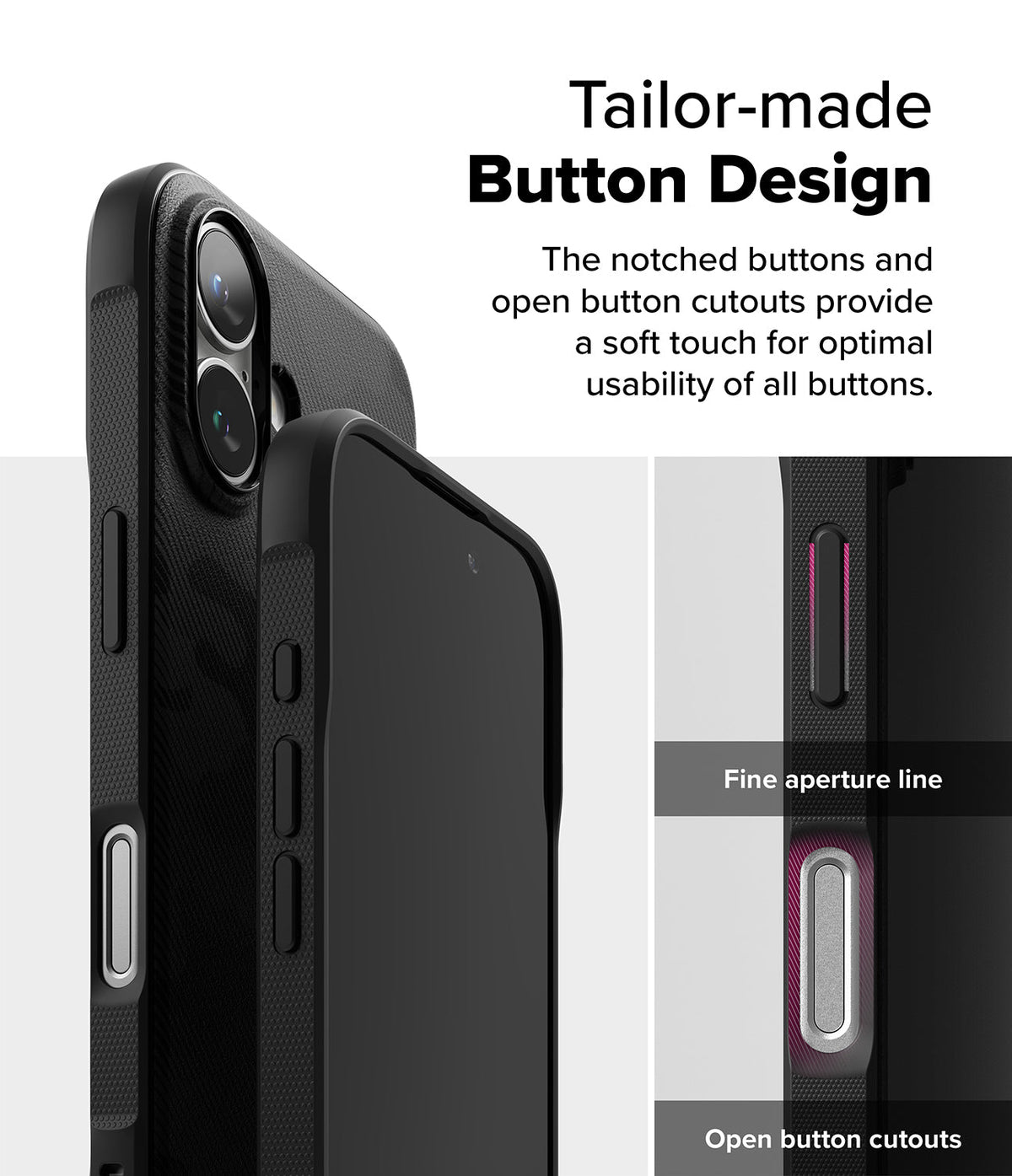 iPhone 16 Case | Onyx - Close-up of black phone case showing notched buttons, open cutouts, and fine aperture line details.