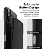 iPhone 16 Case | Onyx - Close-up of black phone case showing notched buttons, open cutouts, and fine aperture line details.