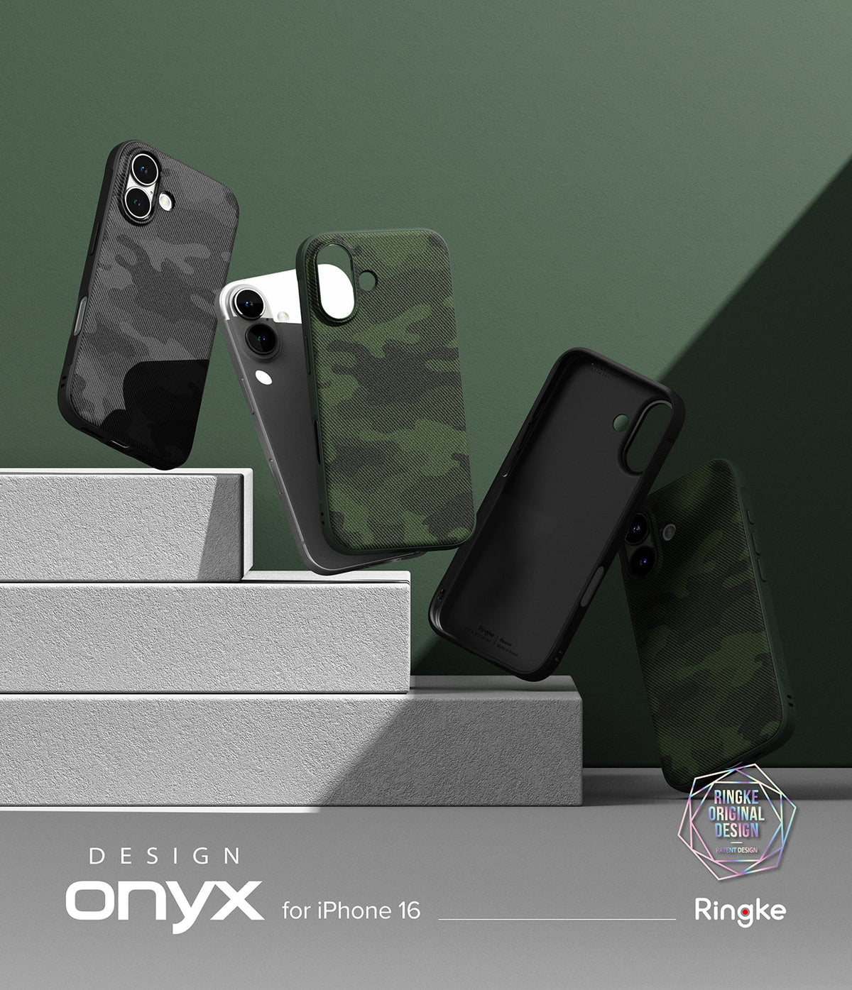 iPhone 16 Case | Onyx - Multiple iPhone 16 Onyx cases in camo patterns floating above stone steps against a green background.