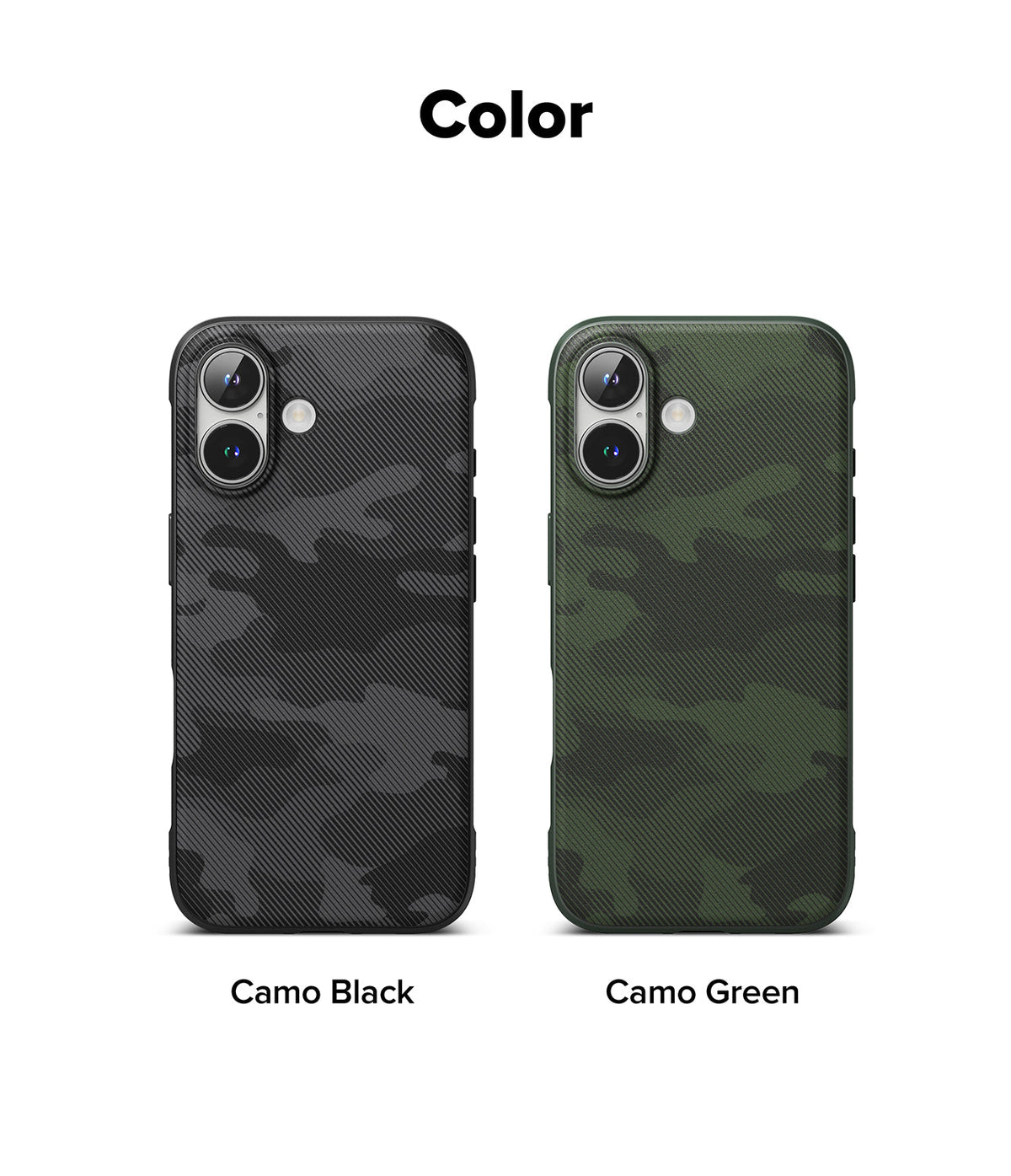 iPhone 16 Case | Onyx - Two iPhone 16 cases in Camo Black and Camo Green with diagonal textured patterns and dual camera cutouts.