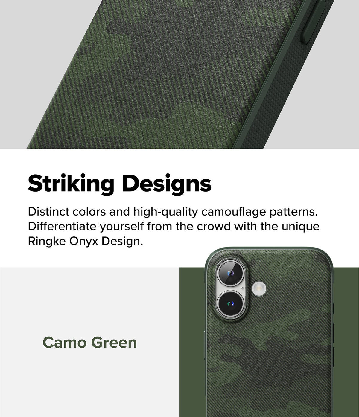 iPhone 16 Case | Onyx - Green camouflage textured phone case with dual camera cutout and text promoting striking designs.