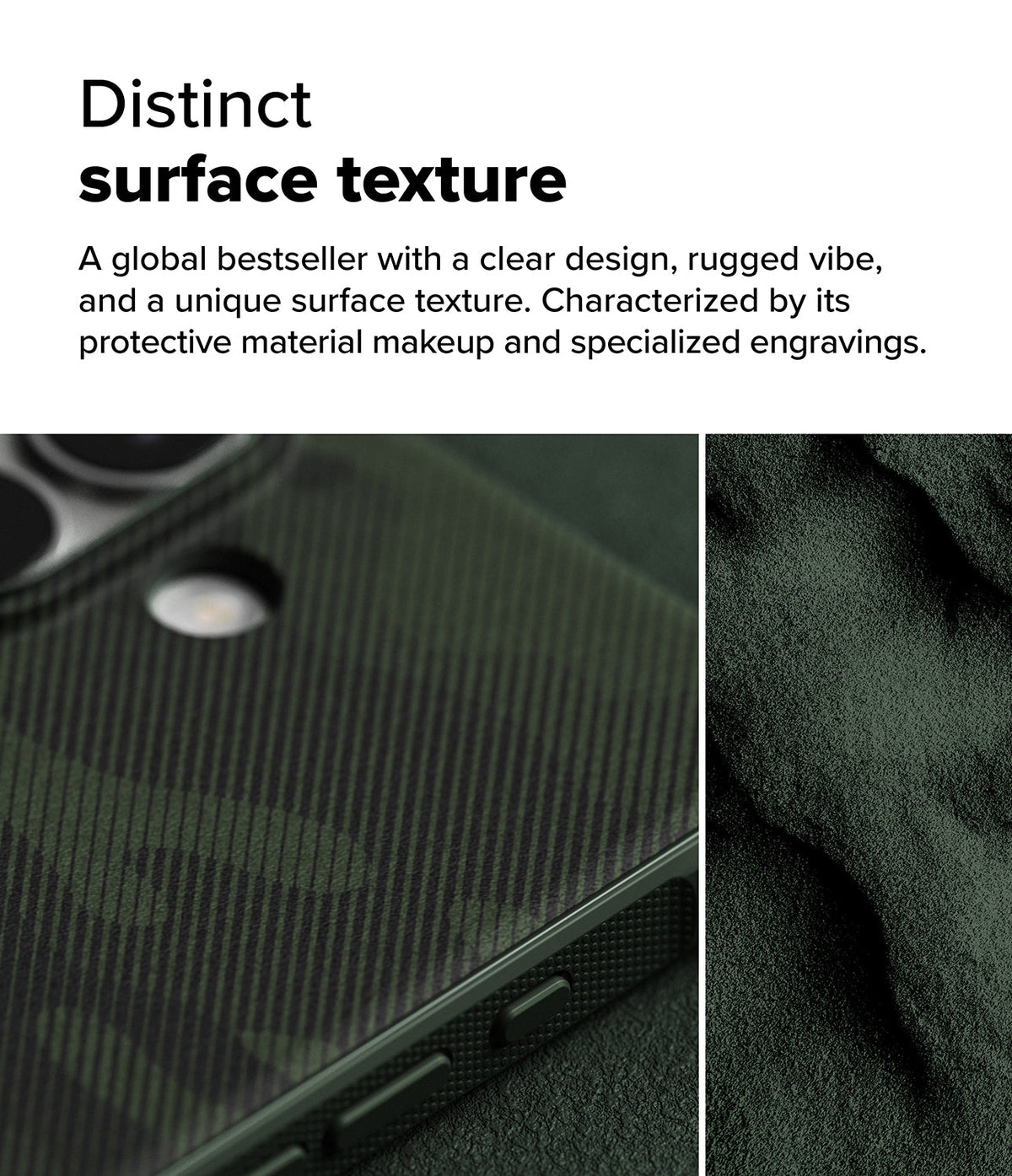 iPhone 16 Case | Onyx - Close-up of a dark green phone case with diagonal textured engravings and a rugged, matte surface.