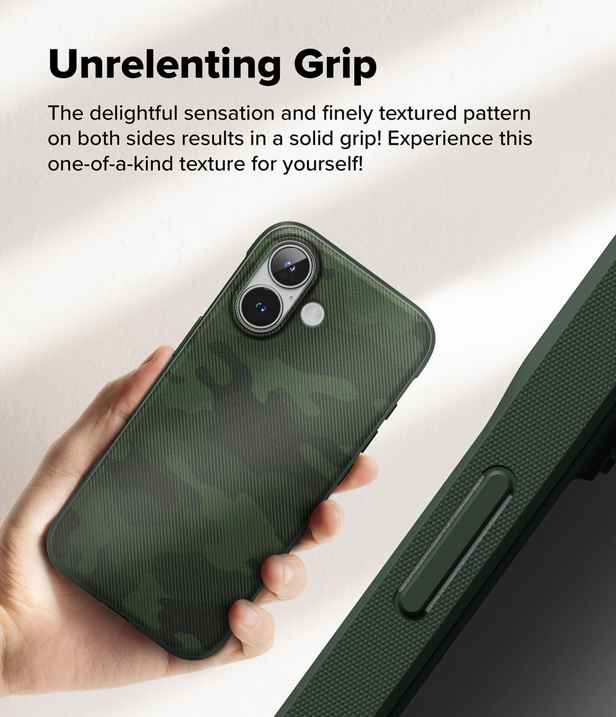 iPhone 16 Case | Onyx - Hand holding a green camo-patterned iPhone 16 case with a textured, grippy surface.