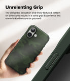 iPhone 16 Case | Onyx - Hand holding a green camo-patterned iPhone 16 case with a textured, grippy surface.