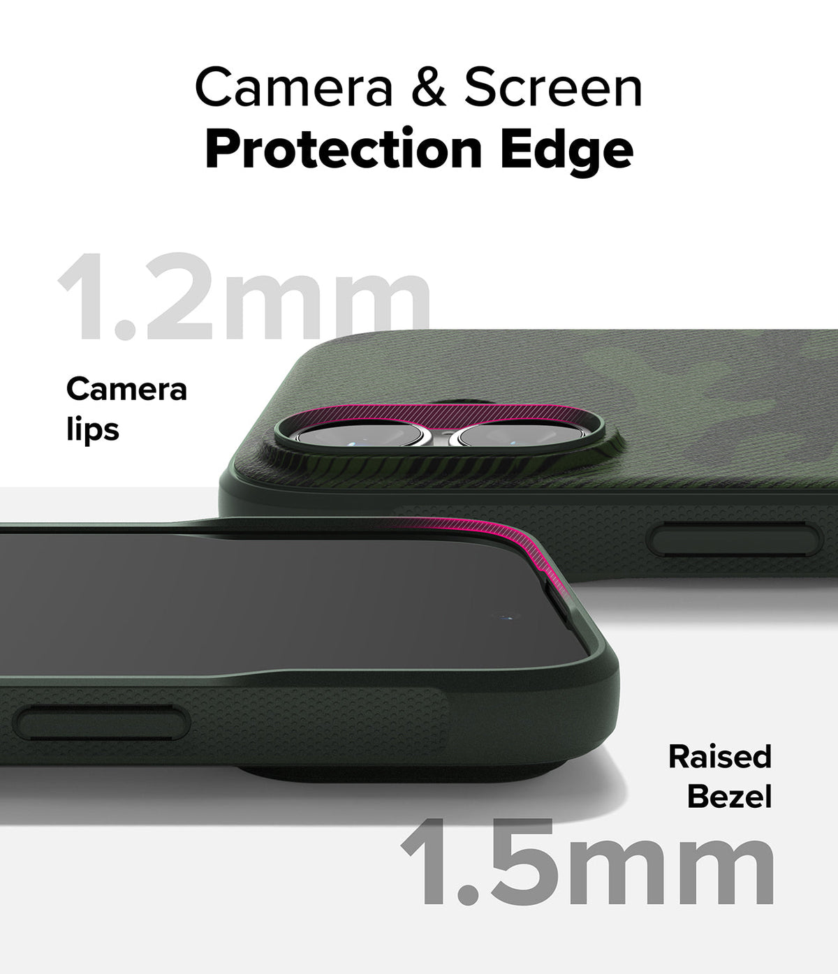 iPhone 16 Case | Onyx - Close-up of phone case showing 1.2mm camera lips and 1.5mm raised screen bezel for protection.