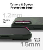 iPhone 16 Case | Onyx - Close-up of phone case showing 1.2mm camera lips and 1.5mm raised screen bezel for protection.