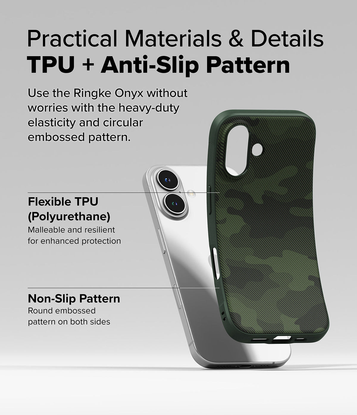 iPhone 16 Case | Onyx - A flexible green camo TPU phone case next to a silver iPhone, highlighting its non-slip texture.