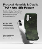 iPhone 16 Case | Onyx - A flexible green camo TPU phone case next to a silver iPhone, highlighting its non-slip texture.