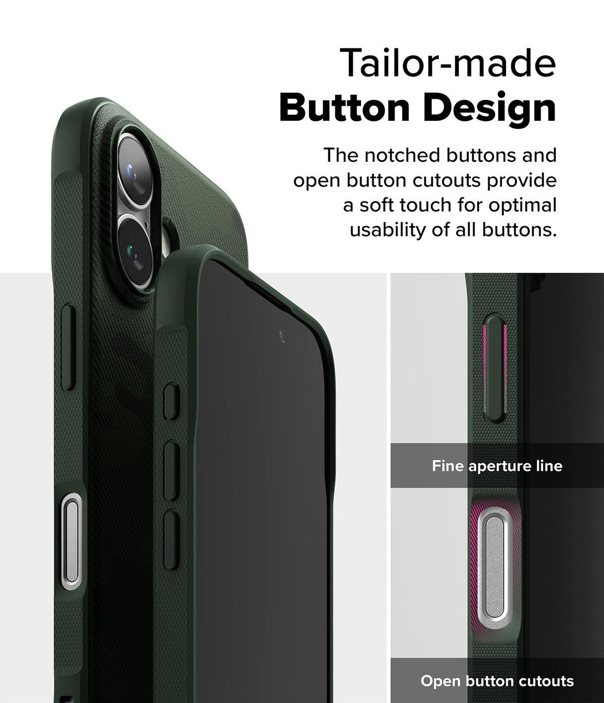 iPhone 16 Case | Onyx - Close-up of dark green phone case showing tactile button cutouts and fine aperture design details.