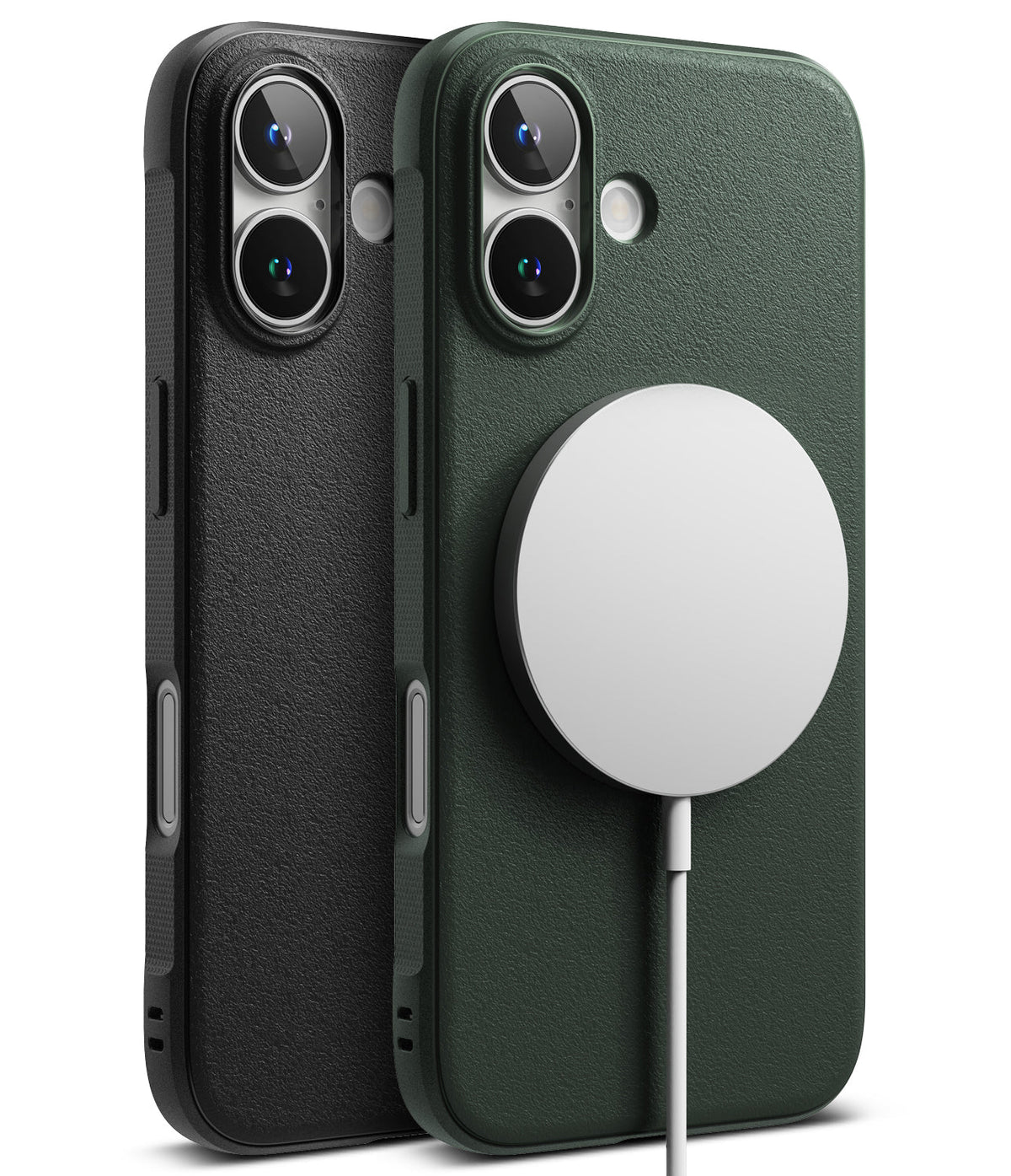 iPhone 16 Case | Onyx Magnetic - Two textured iPhone 16 cases in black and green, one attached to a white magnetic charger.