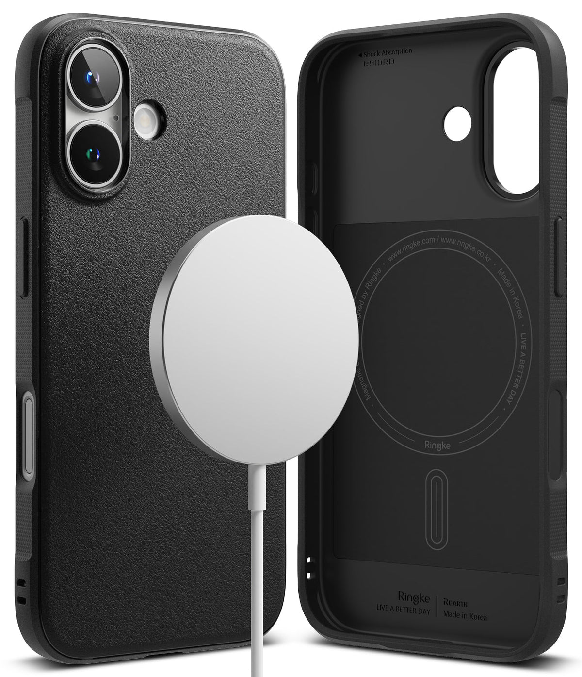 iPhone 16 Case | Onyx Magnetic - Black textured iPhone 16 case with a magnetic charging puck and interior ring detail.