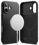 iPhone 16 Case | Onyx Magnetic - Black textured iPhone 16 case with a magnetic charging puck and interior ring detail.